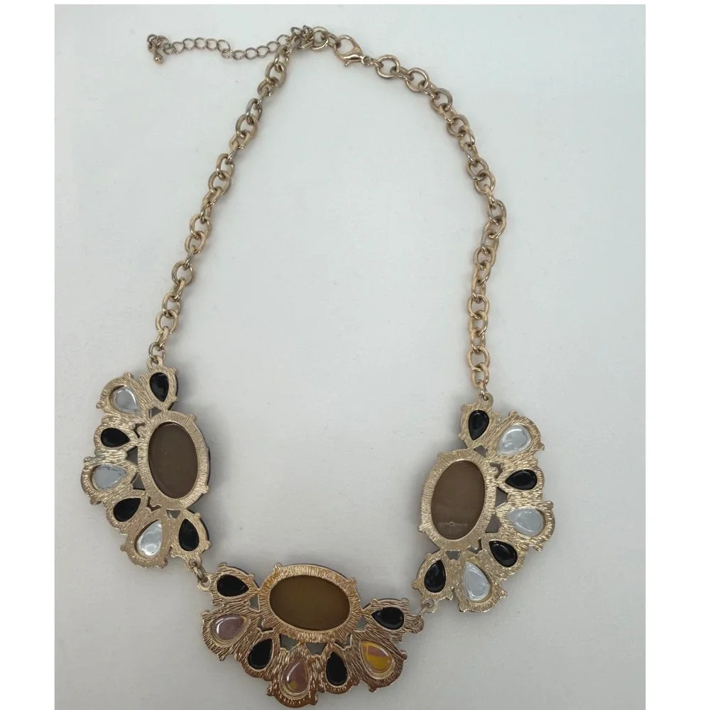 Gold Tone Statement Chunky Bib Necklace‎ Amber Black Clear Faceted Stones 103-08